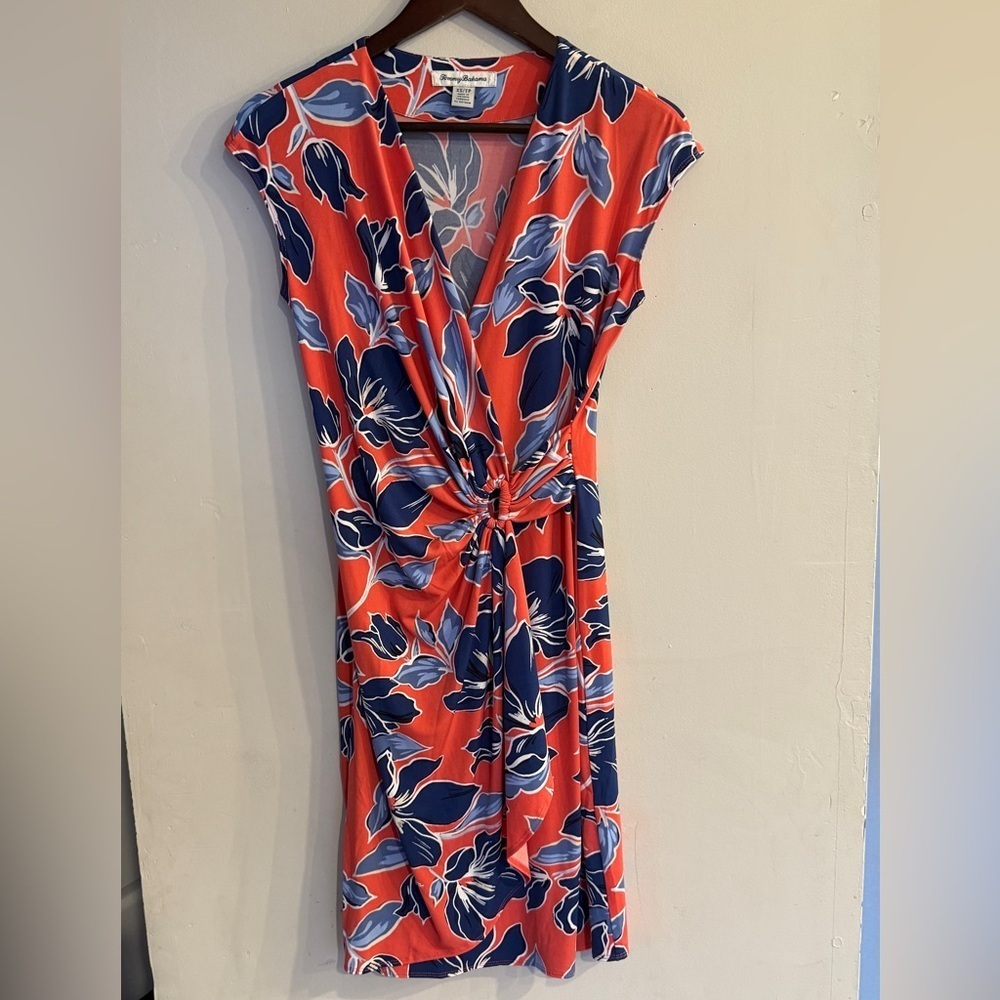 TOMMY BAHAMA Women’s Coral Pink & Blue Floral Clara Oasis Petals Faux Wrap Dress